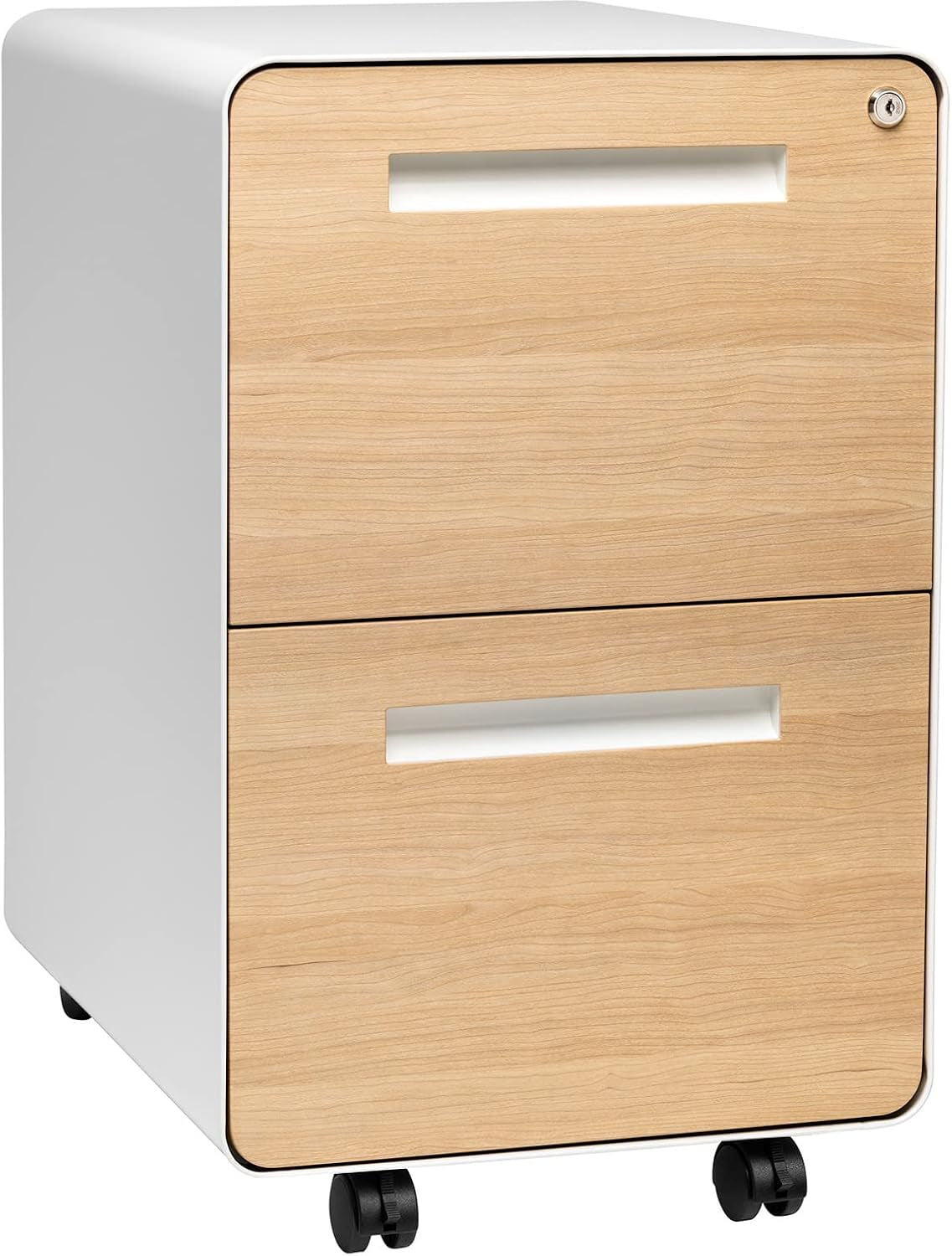 White steel 2-drawer file cabinet with light wood drawer fronts on casters, angled front view