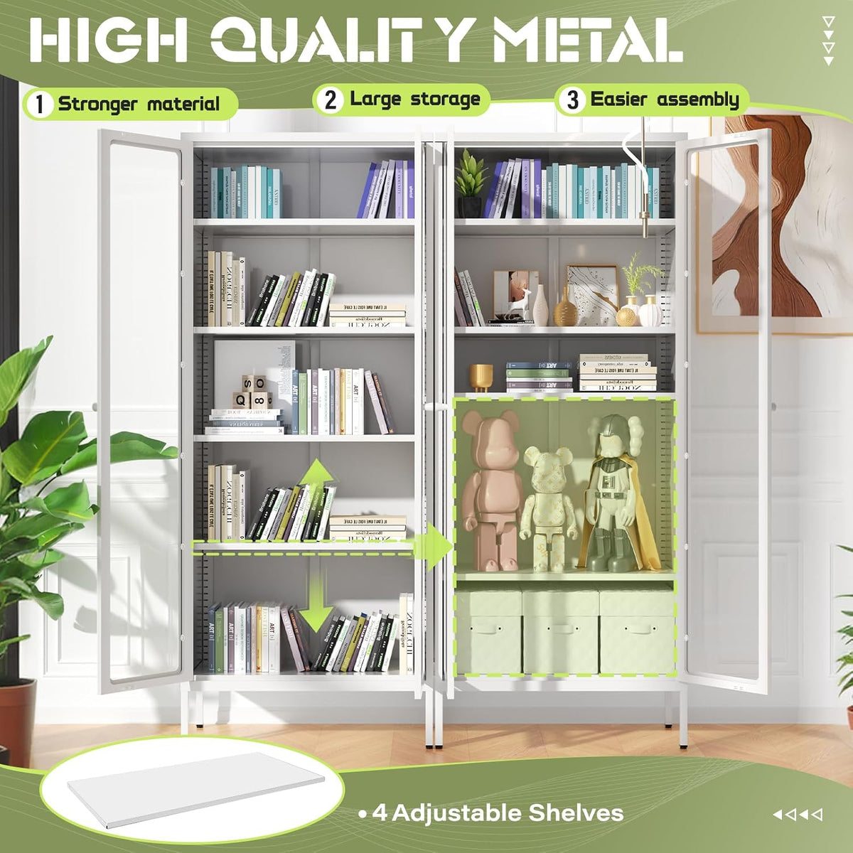 Front view of a white display cabinet with both glass doors open, shelves holding books and decor