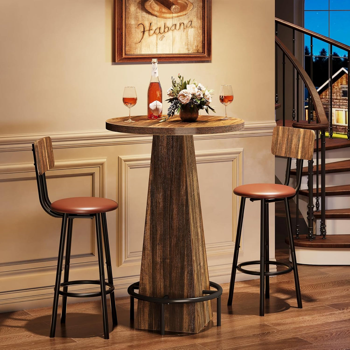 Close-up of 23.62 in MDF round tabletop in rustic brown showing wood grain and beverage glasses