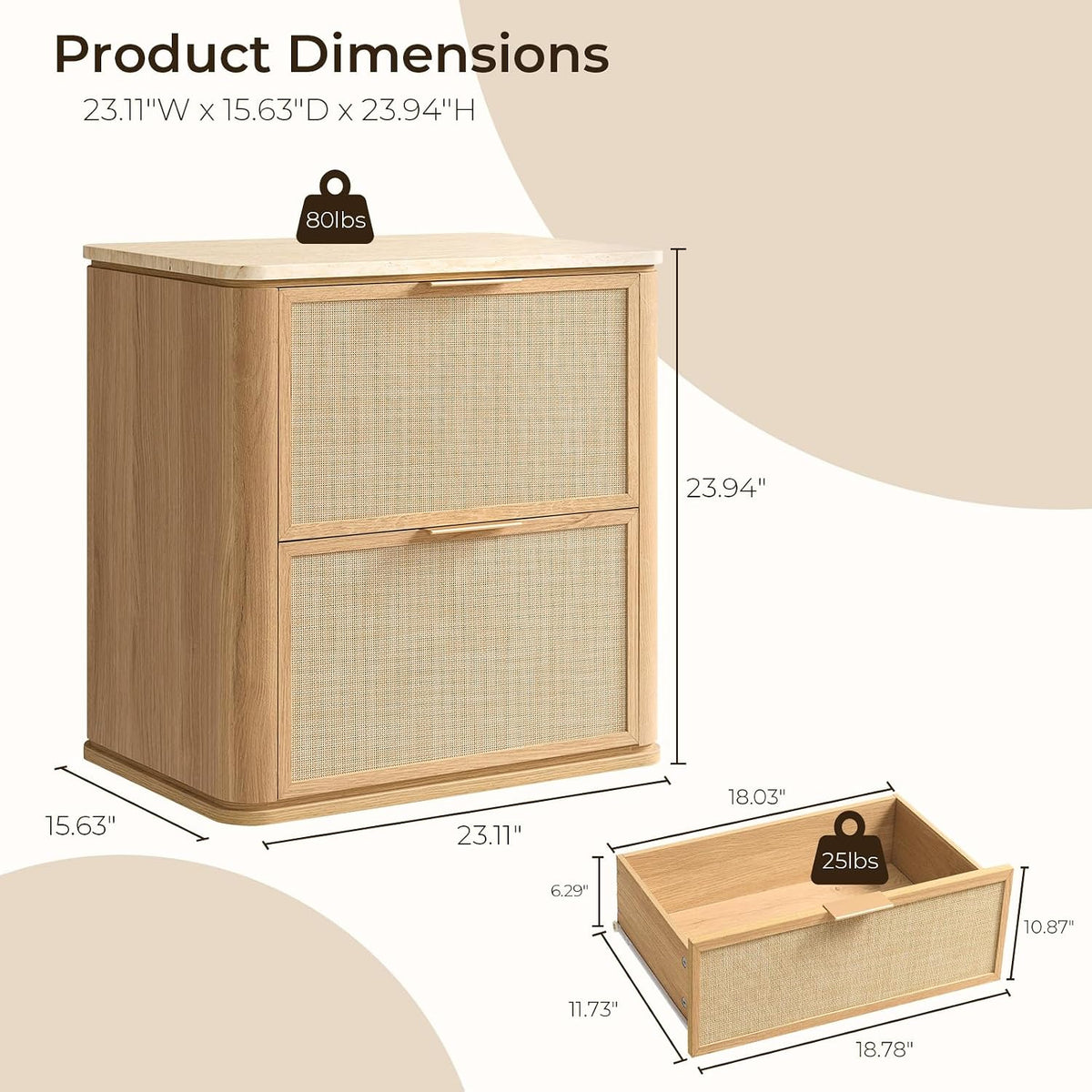 Single nightstand dimension diagram showing width 23.11, depth 15.63, height 23.94 inches and drawer measurements