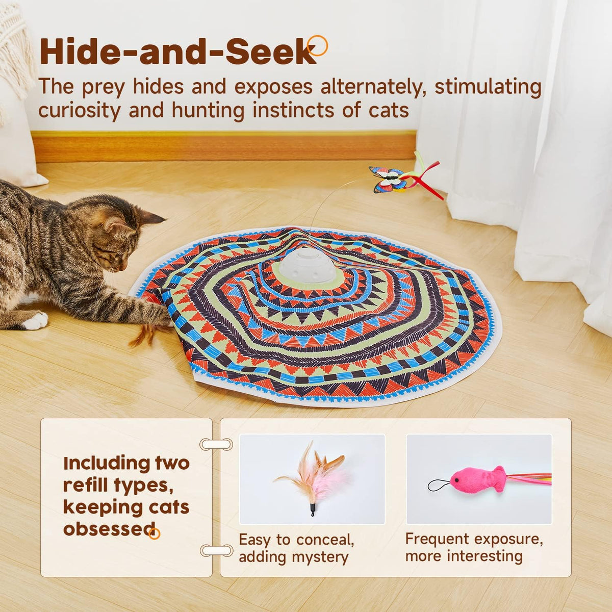 Lifestyle shot — tabby cat pawing at the raised patterned mat as a butterfly toy arcs overhead; two small refill toy images