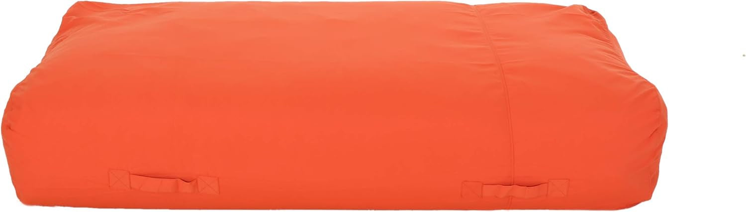 Front view of a rectangular floor lounger in bright orange with visible side seams and handles.