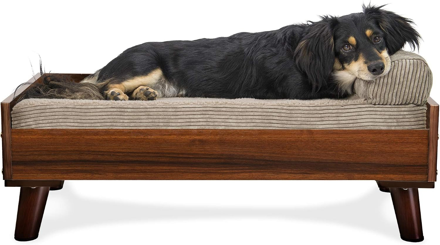 Front view of a mid-century wooden elevated dog bed with a gray ribbed cushion and a small black-and-tan dog lying on it.