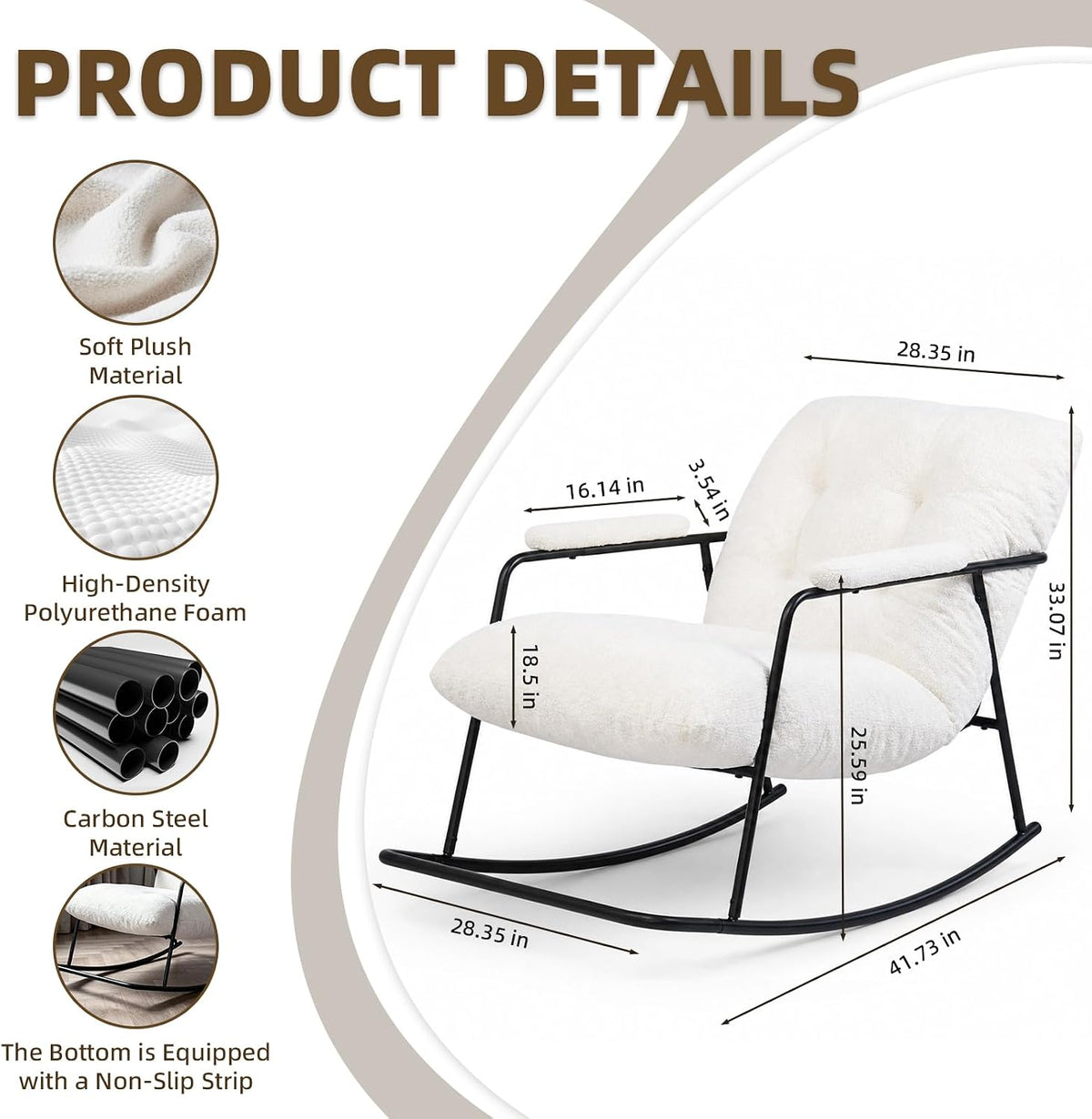 White rocking chair shown on a white background with measurement arrows and small material icons.