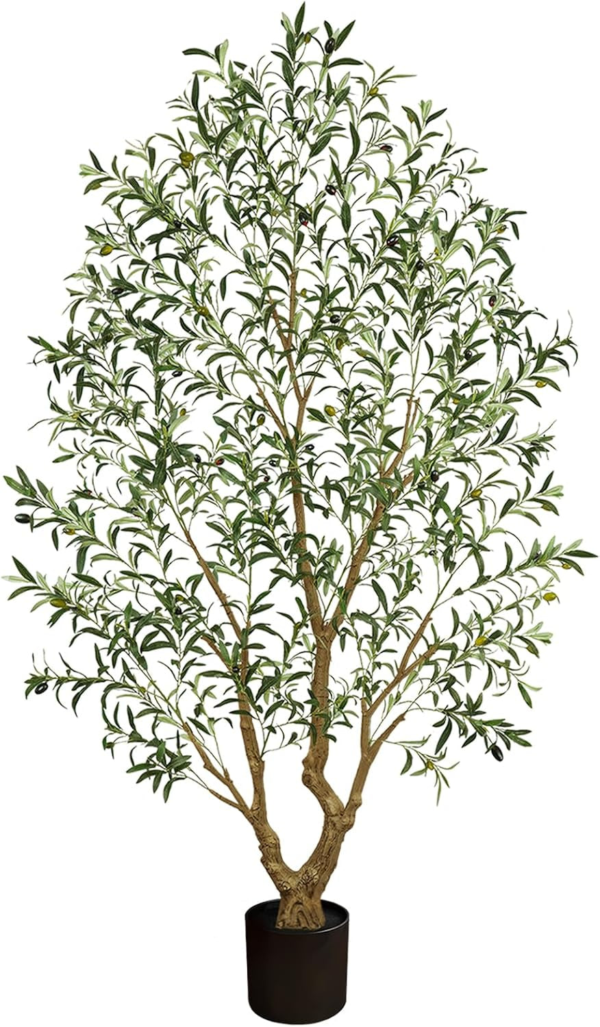 Wide view of an artificial olive tree with multiple branches, small olive fruits and a black planter on a white background.