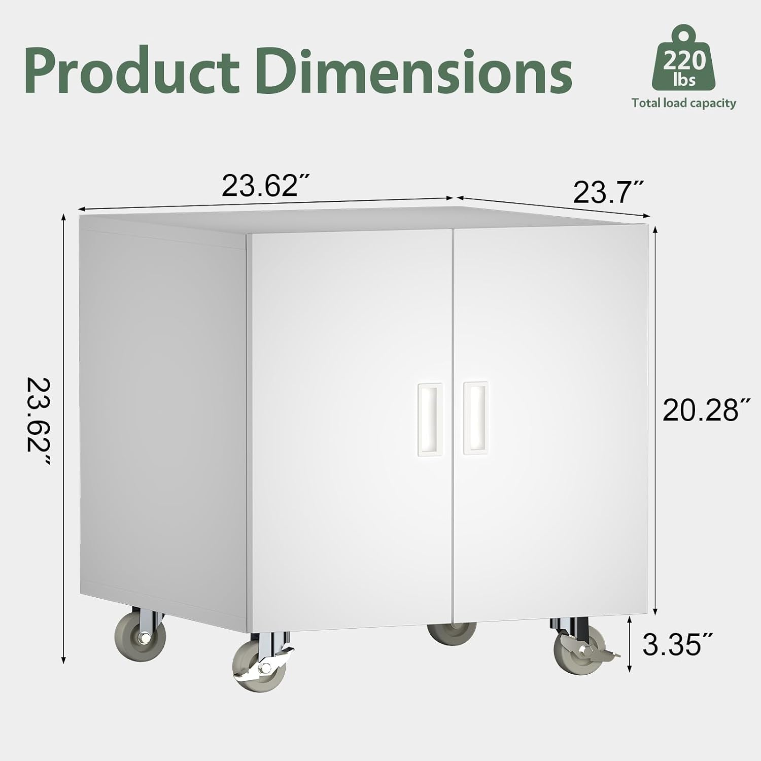White cabinet on casters shown with arrows and numeric dimension lines indicating height, width, depth.
