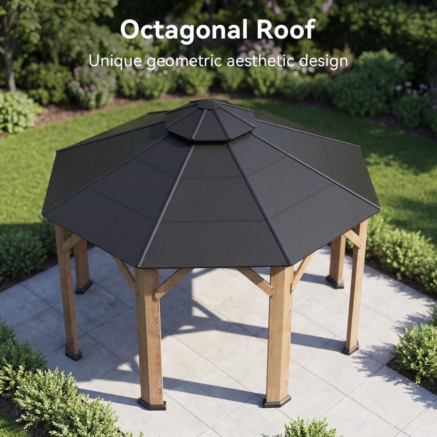 Aerial three-quarter view of the octagonal gazebo highlighting the black hardtop roof and eight cedar posts on a paved pad.