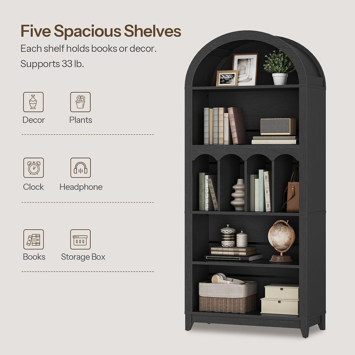 Staged bookcase image highlighting five spacious shelves filled with books, decor and storage boxes