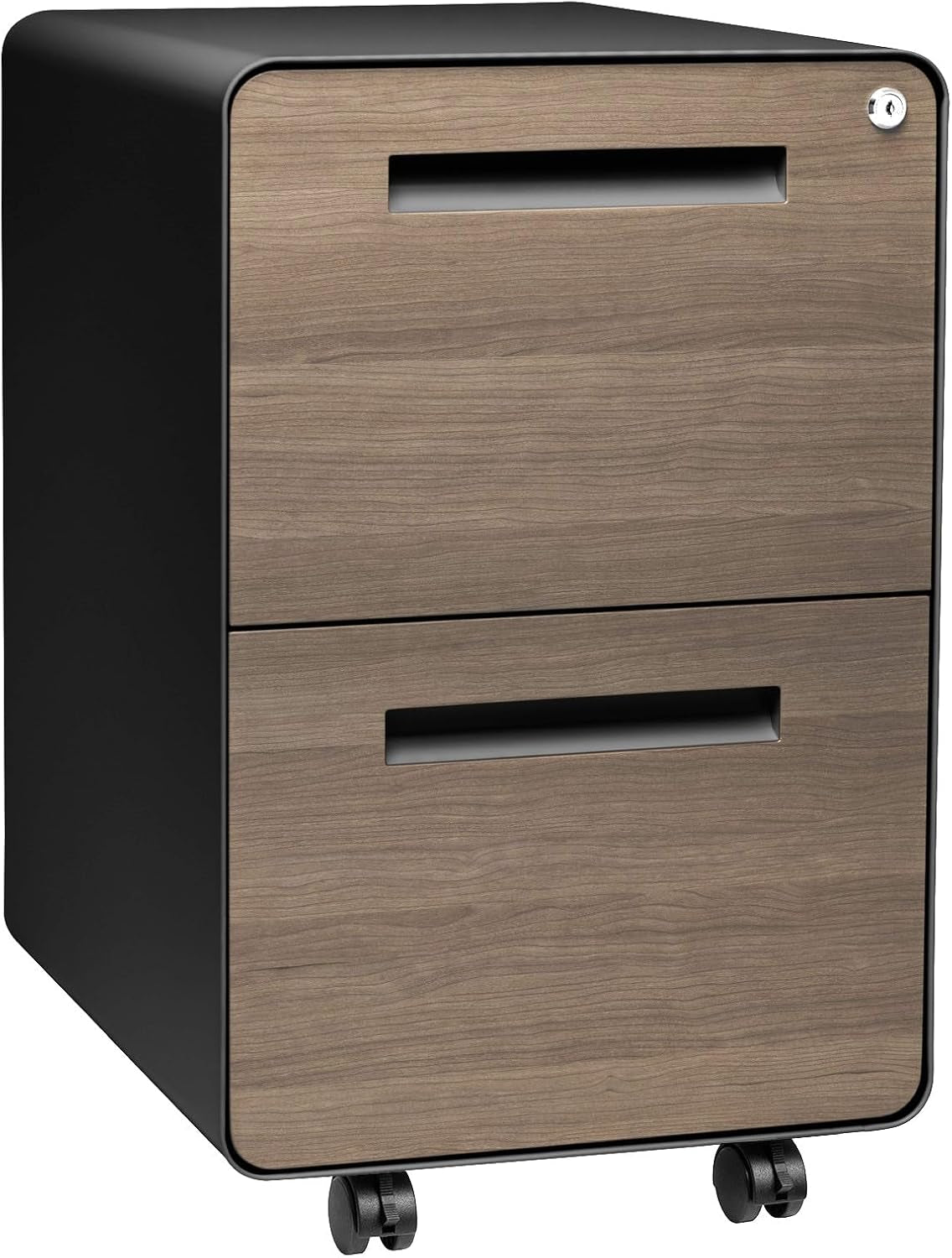 Two-drawer mobile file cabinet with black body and wood-grain drawer fronts, shown on casters.