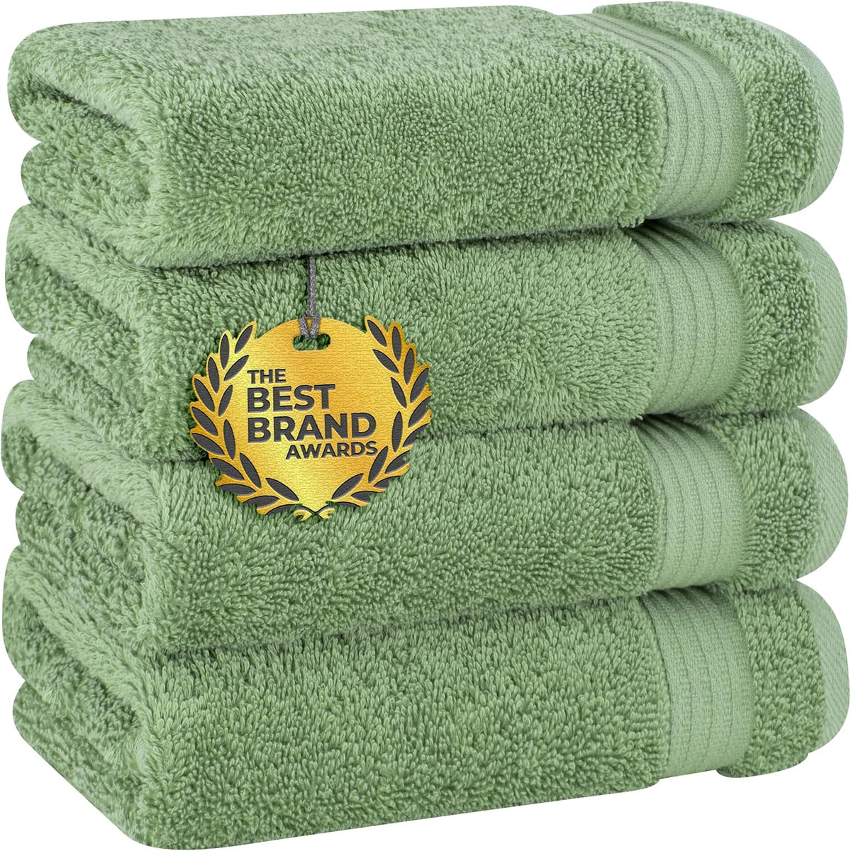 Stacked light green towels with ribbed bands and a hanging gold award medallion