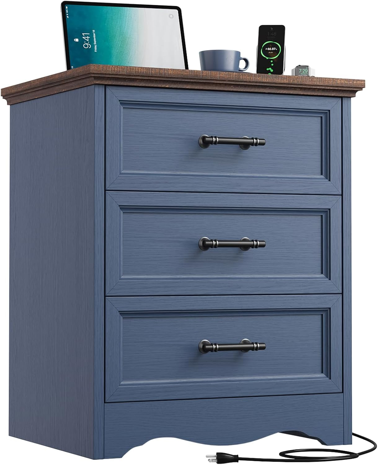Three-quarter view of a blue three-drawer chest with black bar handles and a wood-finish top.