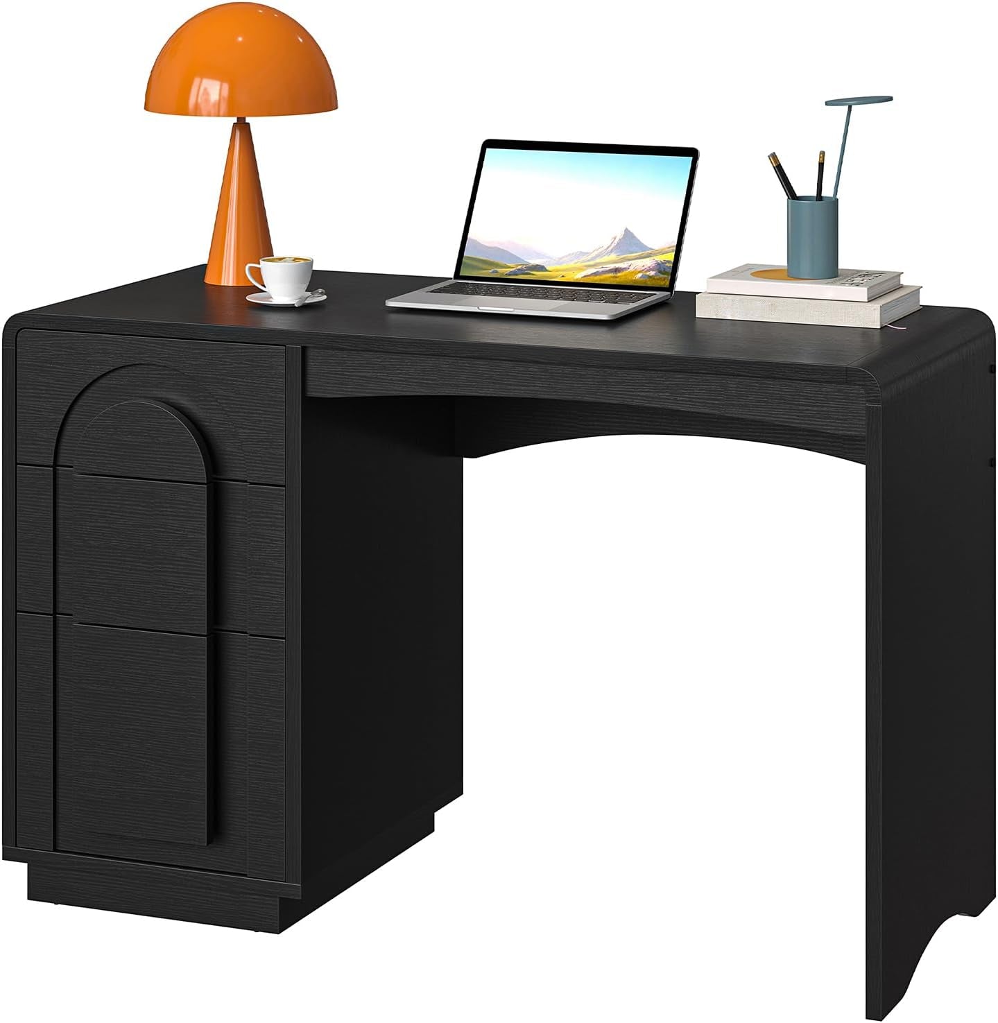 Studio shot of the black desk on a white background showing the arched drawer panel and curved knee opening