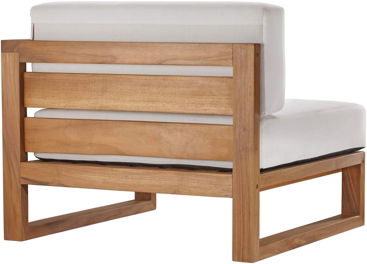Rear three-quarter view of teak sectional showing slatted back and white cushion
