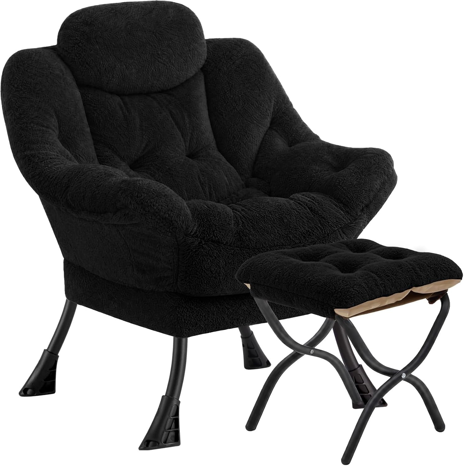 Plush black folding lounge chair with matching ottoman shown on a white background.