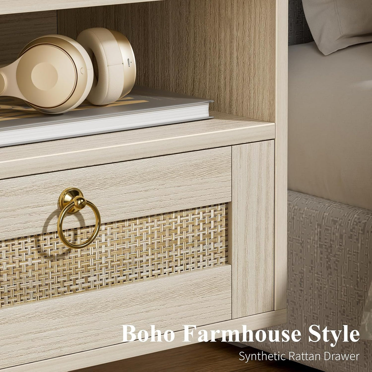 Close-up of woven rattan drawer front and decorative gold ring pull on a light oak finish