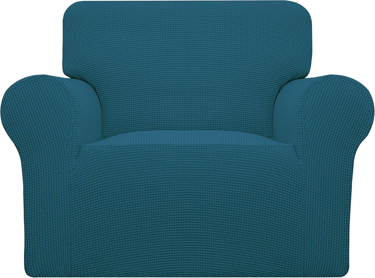 Front view of a single-seat armchair slipcovered in a teal textured stretch fabric.