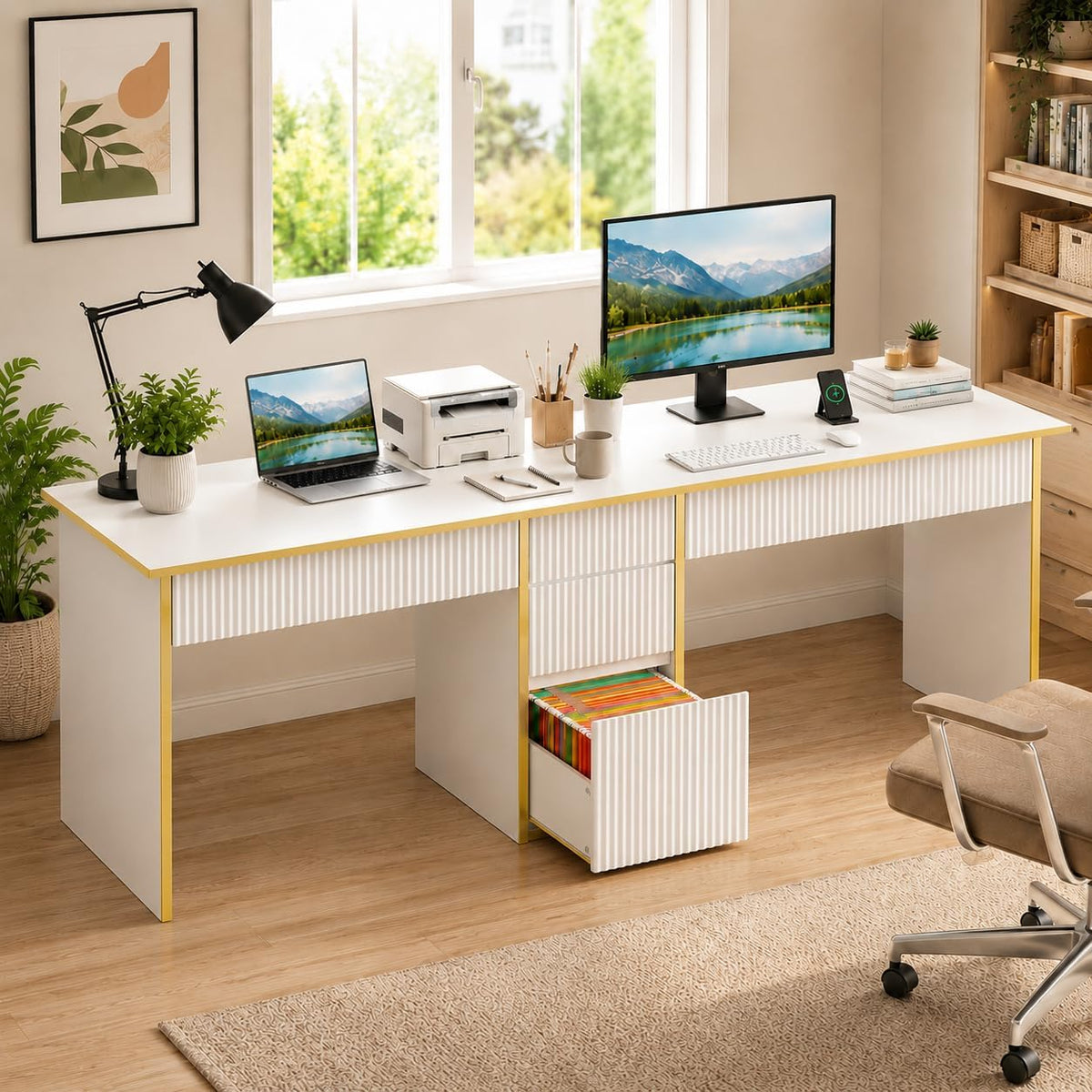 White double desk staged with laptop, monitor and printer showing open file drawer and two workstations