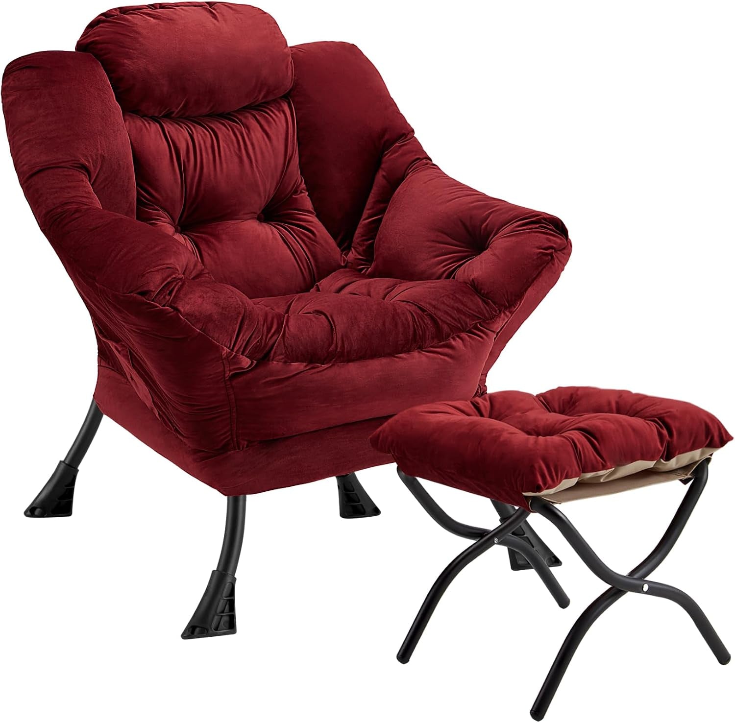 Deep red plush armchair with cushioned ottoman and X-shaped metal ottoman frame on white background