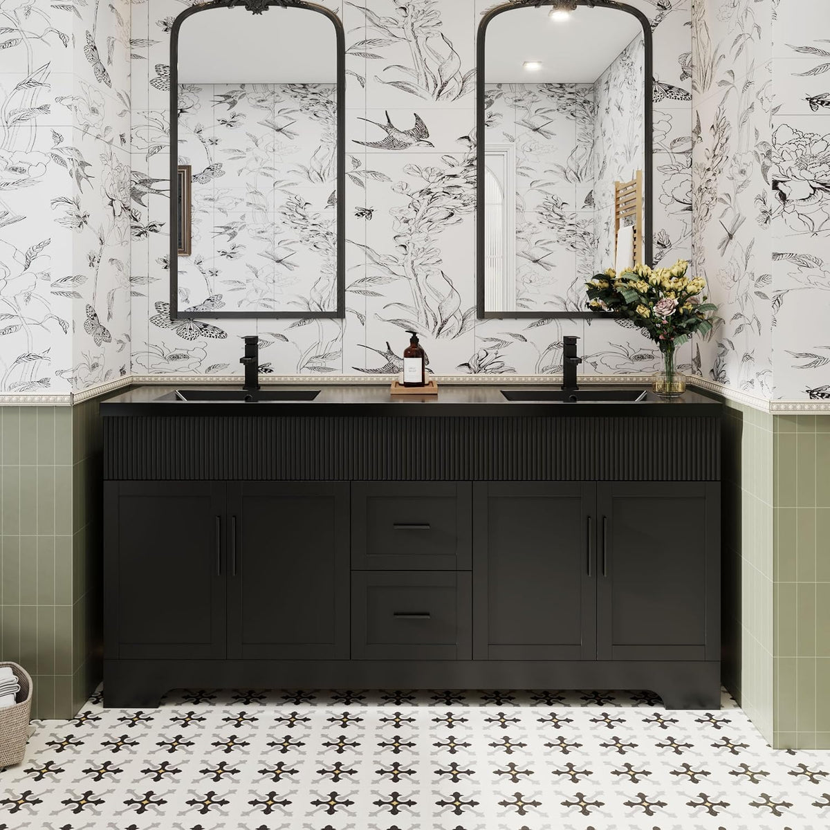 Black double-sink vanity with two arched mirrors and floral wallpaper above patterned tile floor