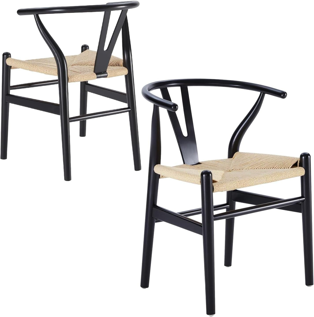 Two black-framed wishbone chairs with natural woven seats shown from front and back angles.