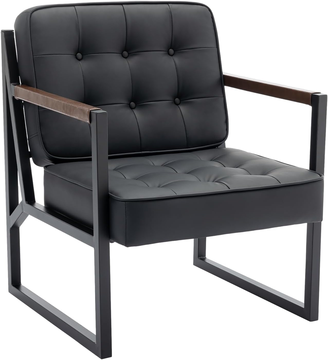 Angled close-up of a black tufted faux leather accent chair showing armrest and metal frame details