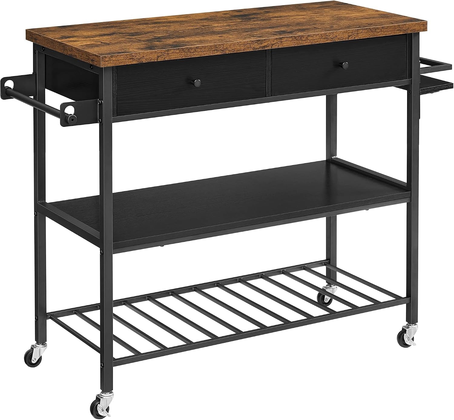 Three-quarter view of a black-framed kitchen cart with a rustic wood top, two drawers, middle shelf and slatted bottom shelf