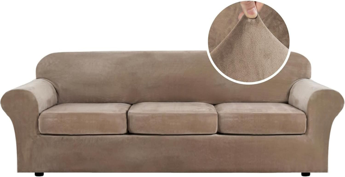 Front view of a taupe three-seat sofa with rolled arms and a circular close-up of the velvet-like material being pinched