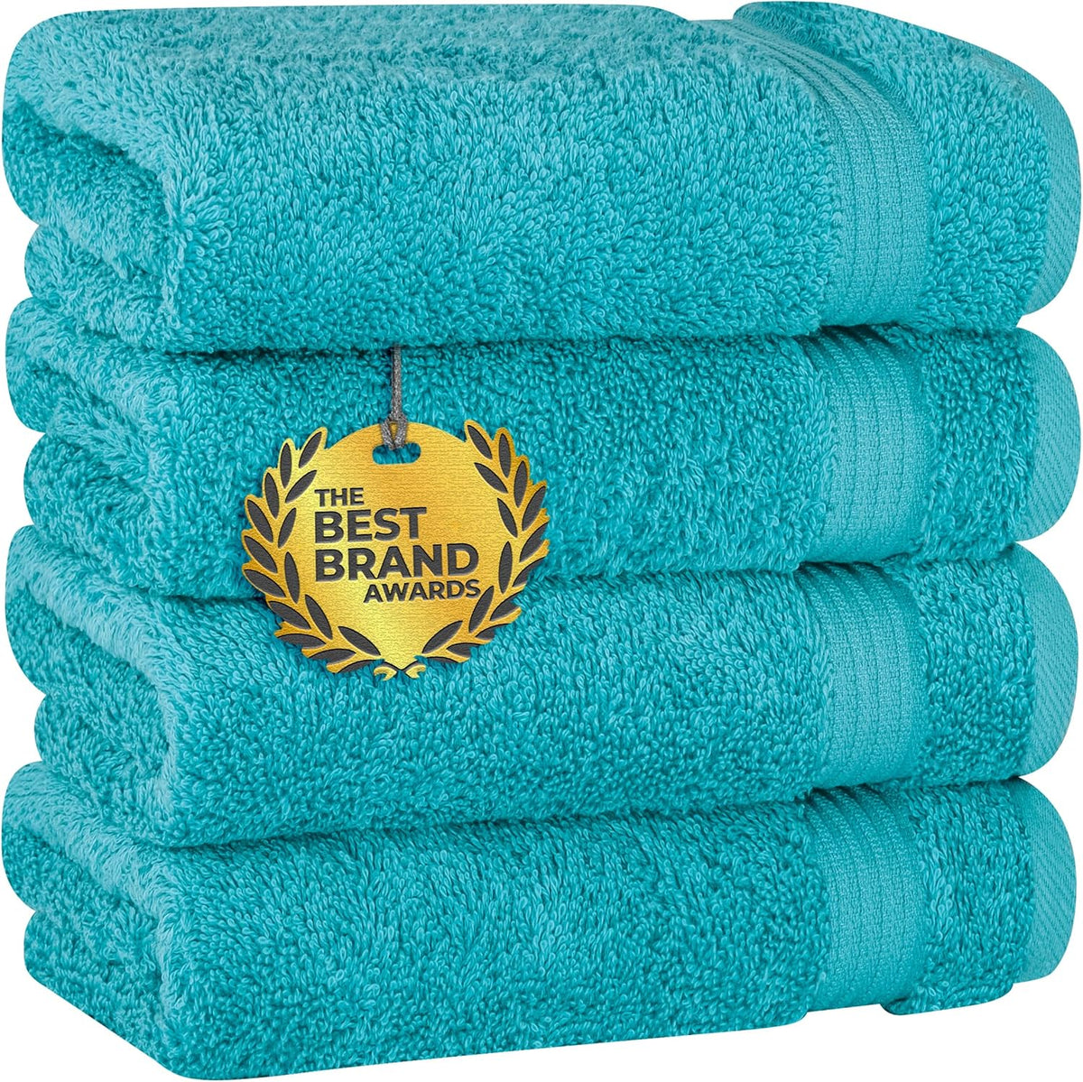Stack of four rolled and folded bright teal towels with a gold award tag centered on the stack