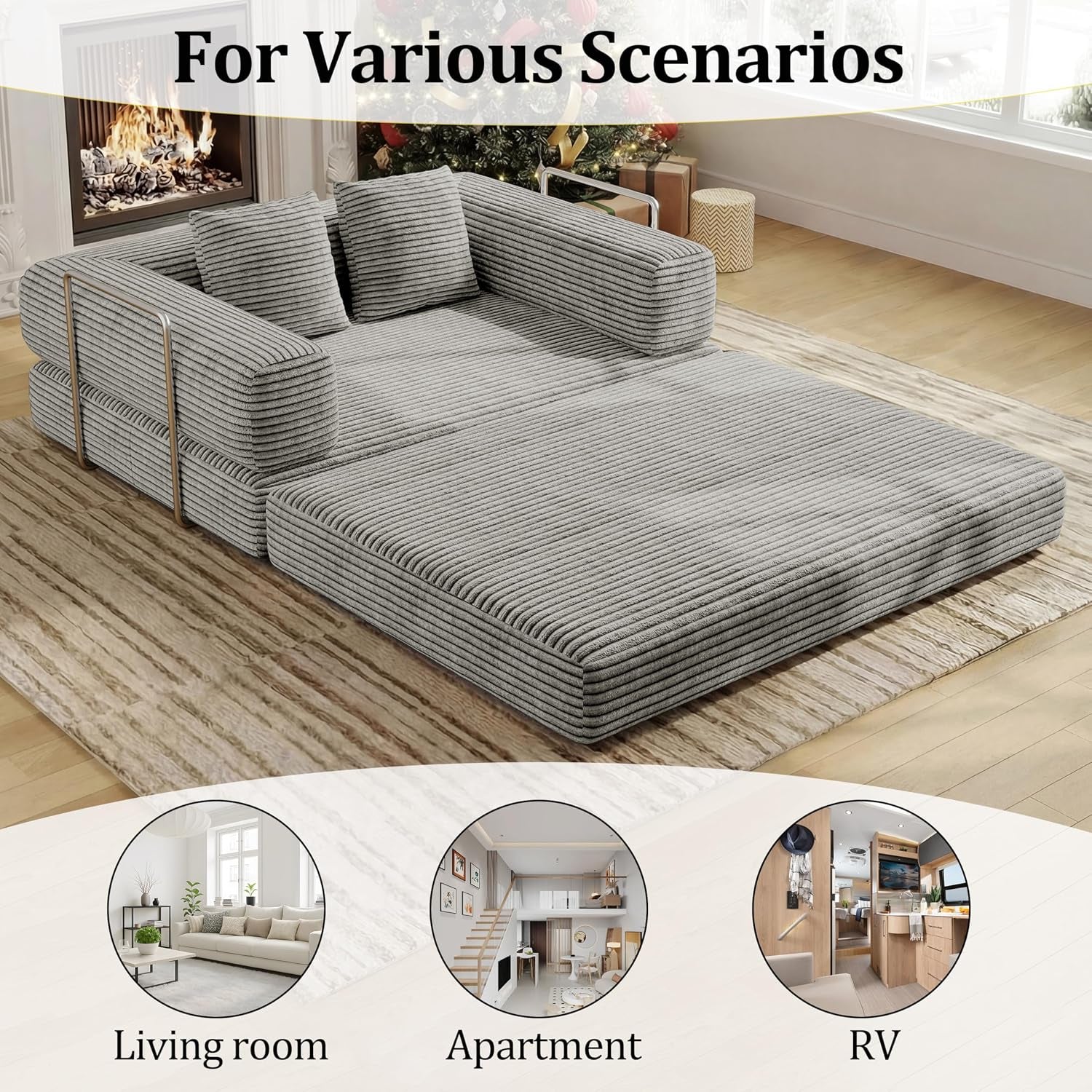 4 in 1 Convertible Sofas Boneless Couches with 2 Pillow, Modern Corduroy Futon Bed, Modular Queen Sofa with Pull-Out Bed, Loveseat for Living Room, Small Space Apartment 53.15" Double Sofa