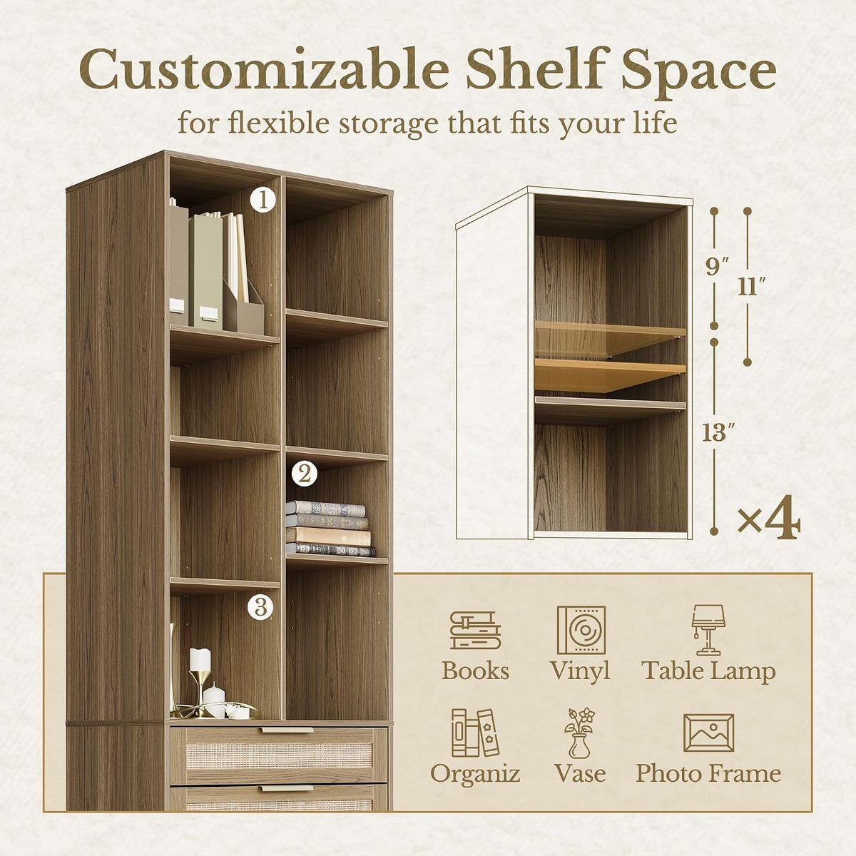 Front-facing shelving unit with numbered cubbies, inset diagram of adjustable shelf positions and icons suggesting books and