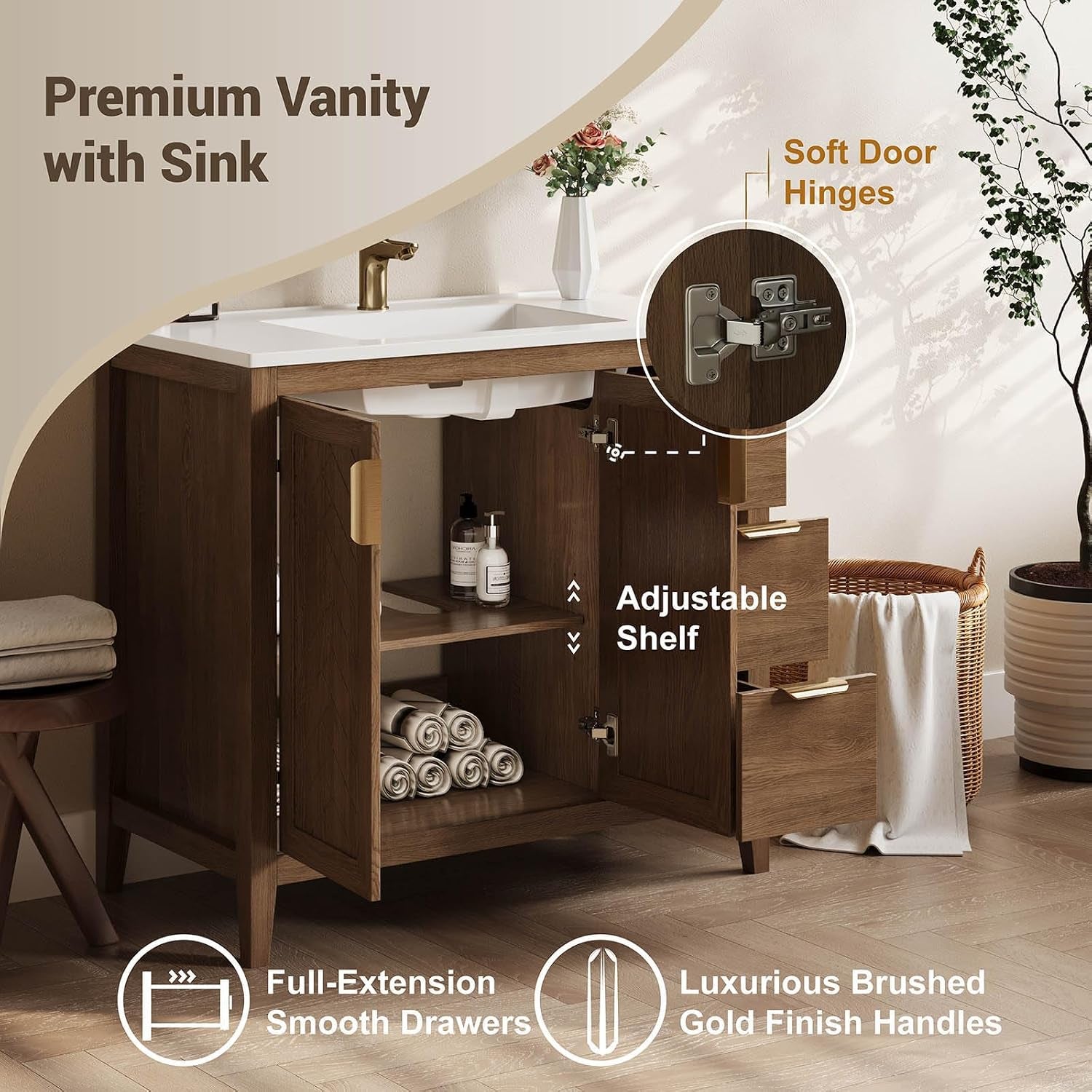 Open-door view showing adjustable interior shelf, soft-close door hinge detail and three drawers with brushed gold handles