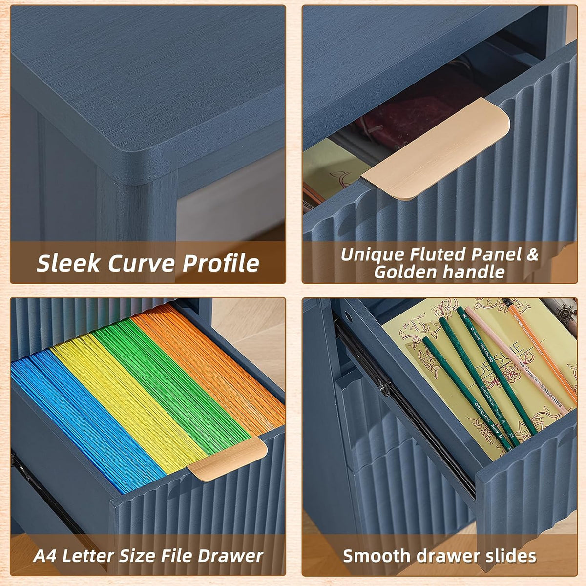 Close-up collage showing curved tabletop edge, gold-tone drawer handle, A4 file drawer and smooth drawer slides