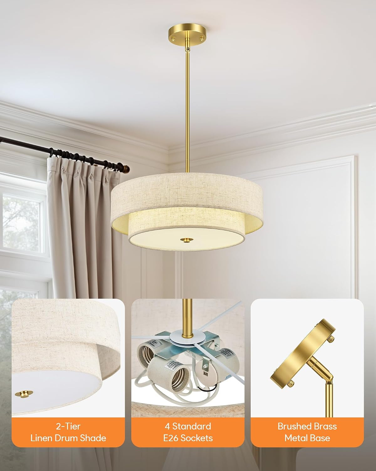 Detail collage showing the two-tier linen shade, four E26 bulb sockets, and brushed metal canopy and rod