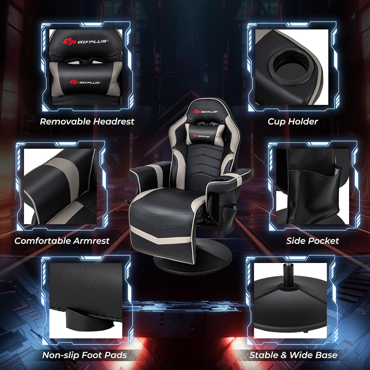 Front view of the chair with inset close-ups of removable headrest, cup holder, armrest, side pocket and base.