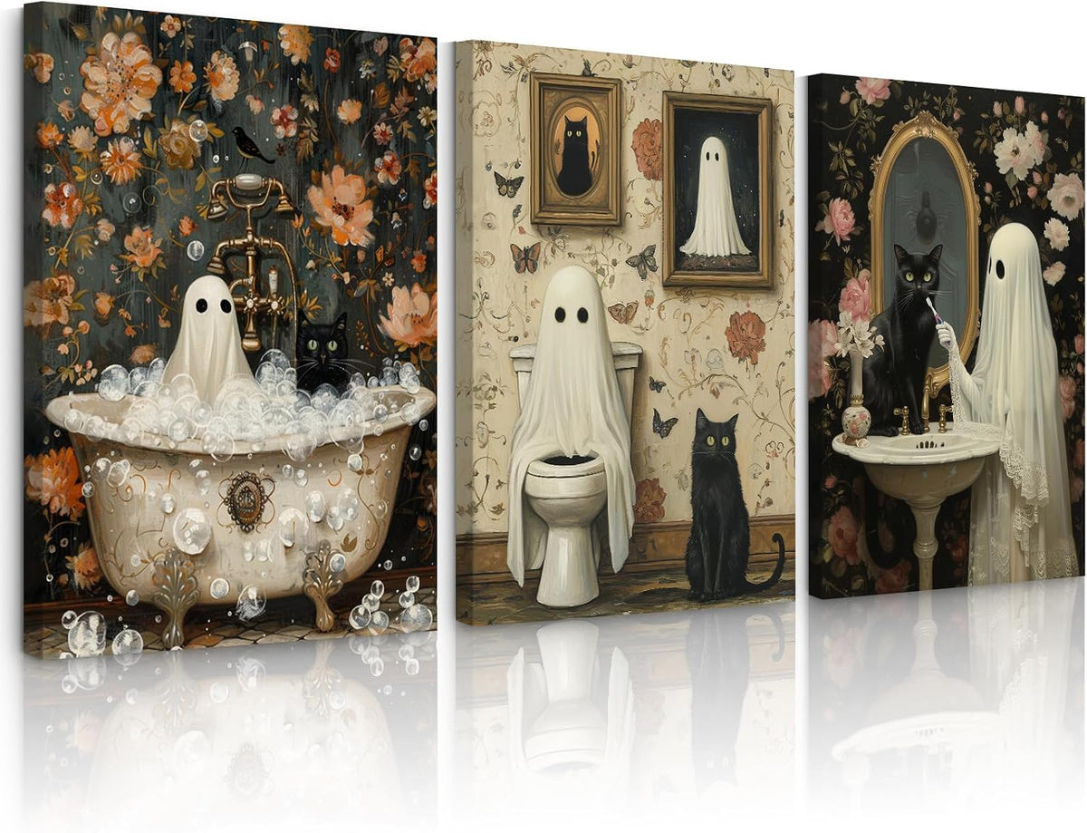 Three canvas panels at a slight angle depicting the same ghost-and-cat bathroom illustrations