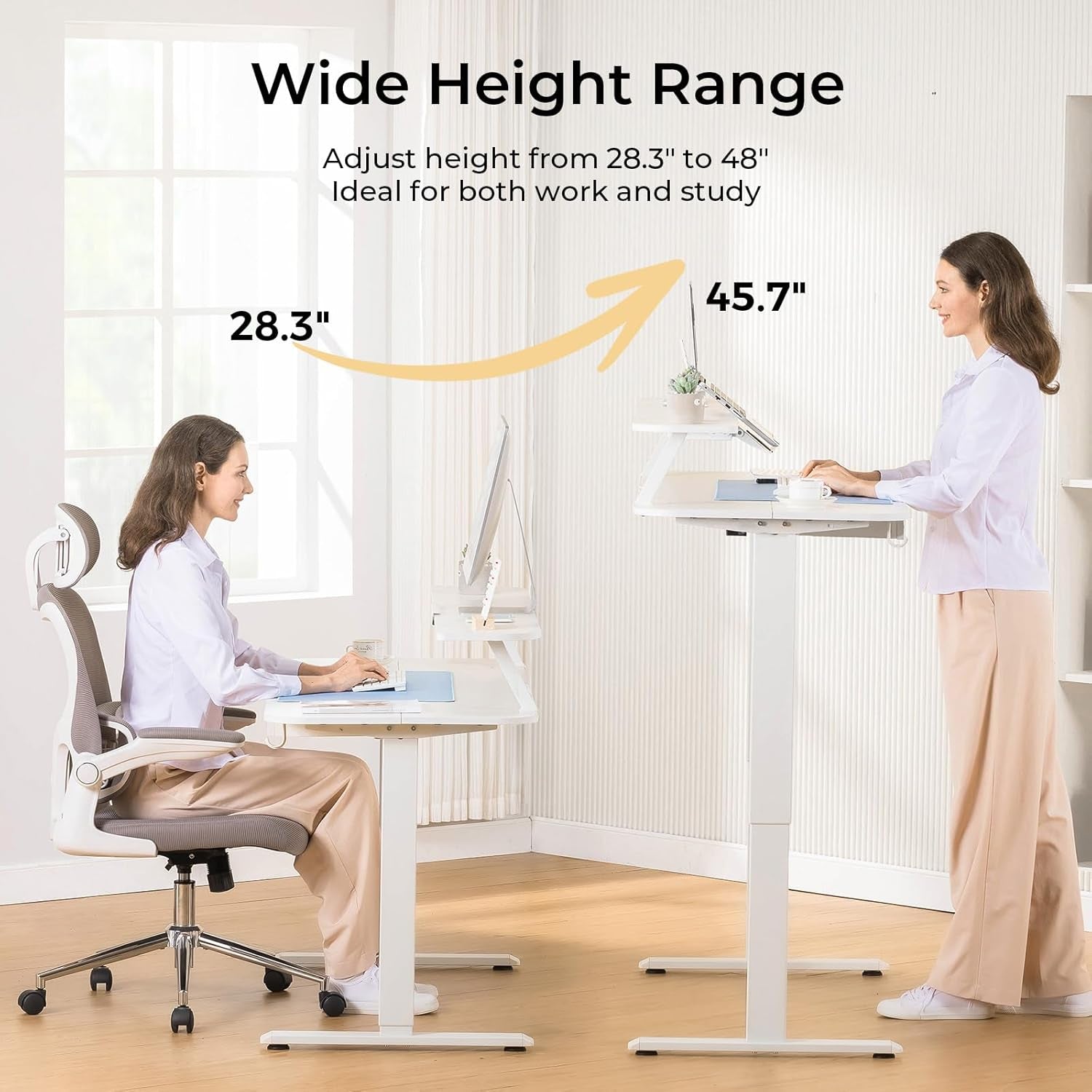 Two people shown seated and standing at the desk demonstrating the adjustable height range from low to high positions