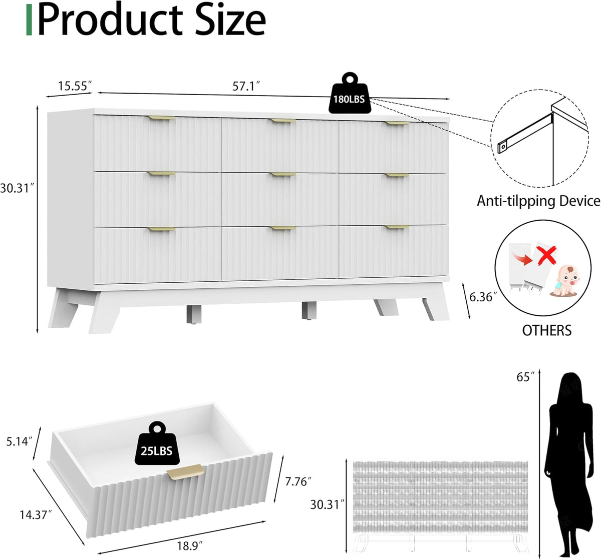 Technical diagram showing dresser dimensions, tabletop weight capacity and anti‑tipping device placement
