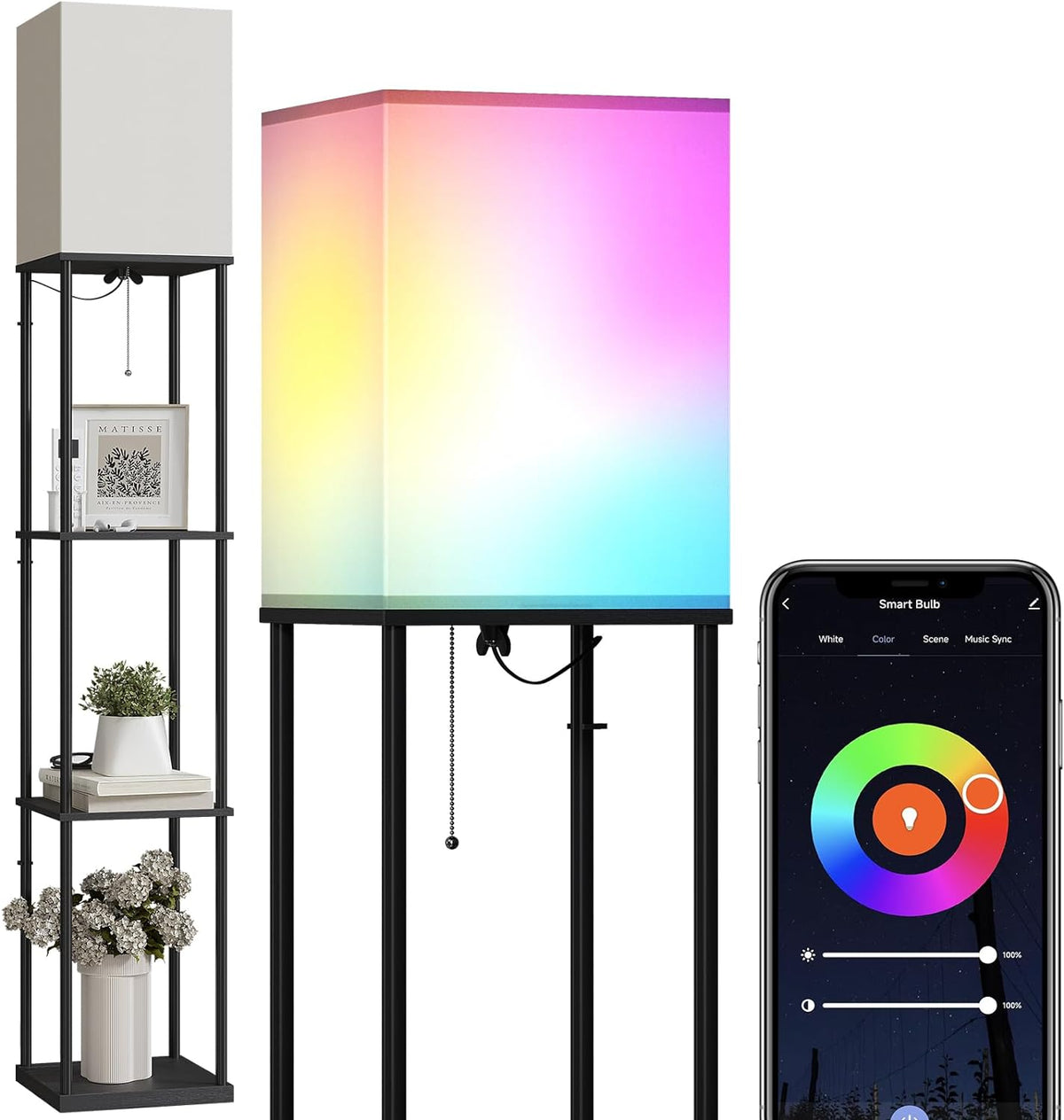 Close-up of the lamp showing a multicolor glowing shade and a smartphone color-wheel app.