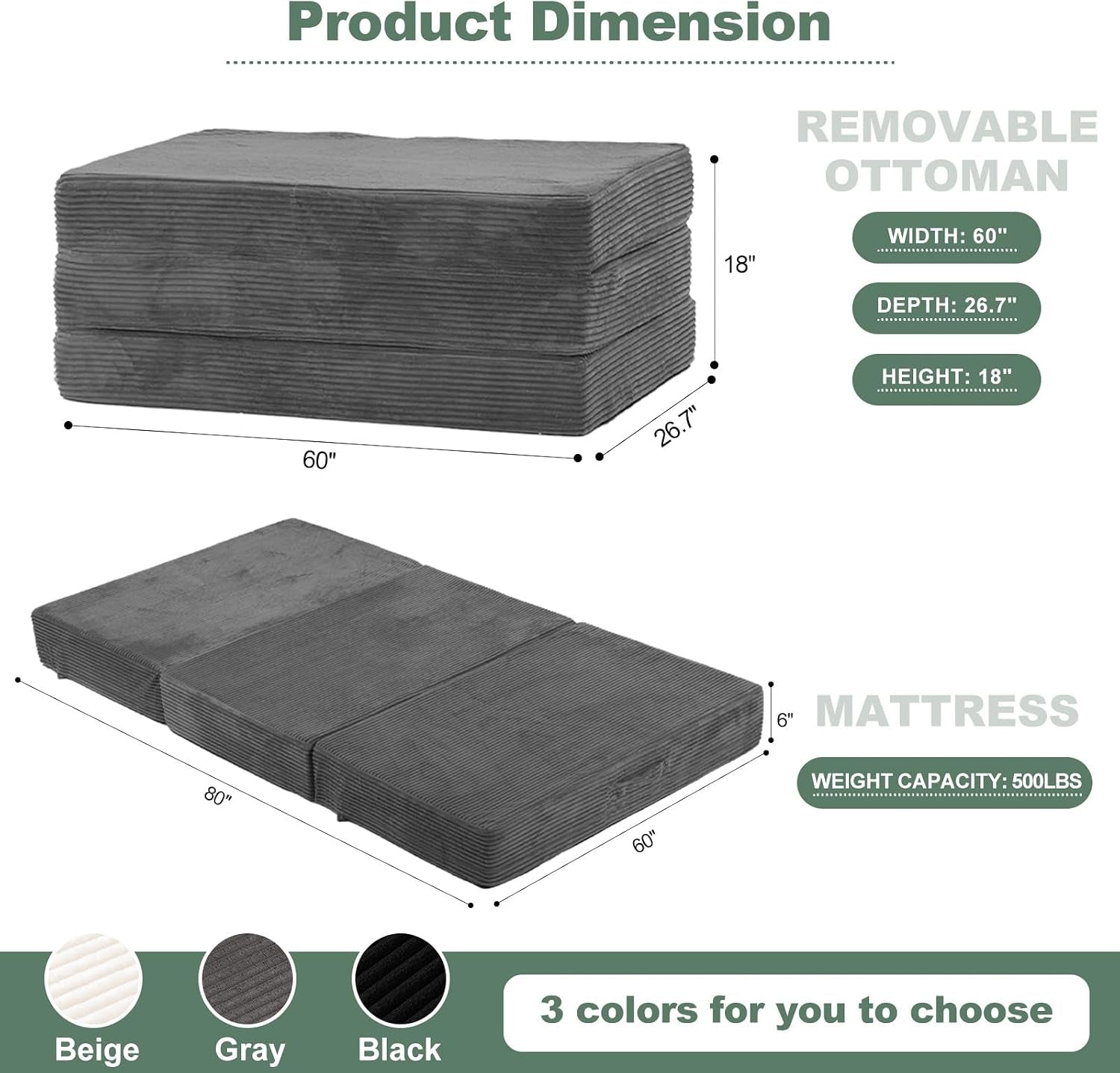 Diagram showing mattress dimensions and flat tri-fold layout in grey, with callouts for width and depth