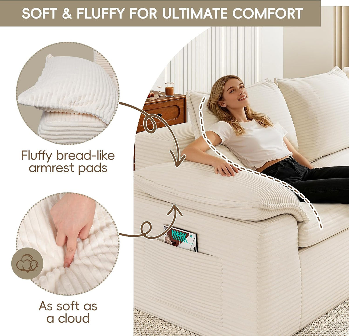 Close-up of cream corduroy armrest with storage pocket and a hand pressing the soft arm pad