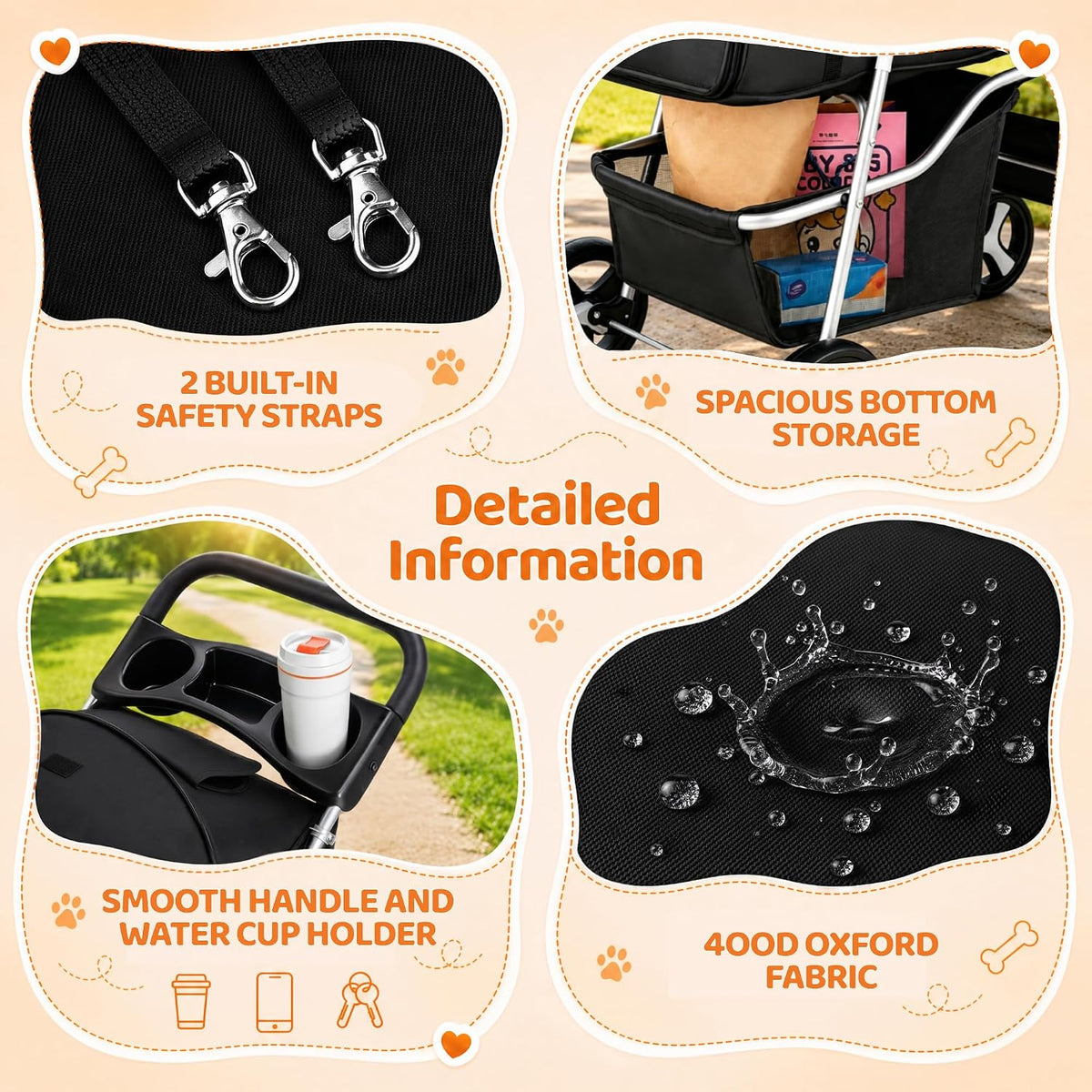 Close-up of two metal pet safety strap clips and roomy undercarriage storage alongside a textured 400D Oxford fabric view