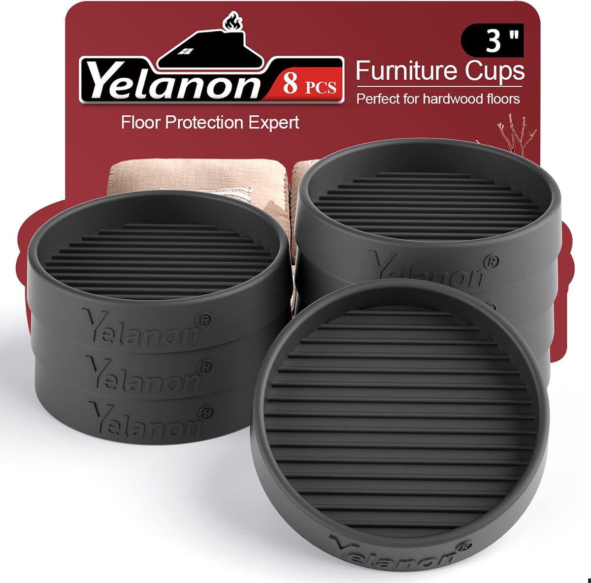 Stack of dark gray round furniture pads with one front pad showing ridged interior, backed by red card art.