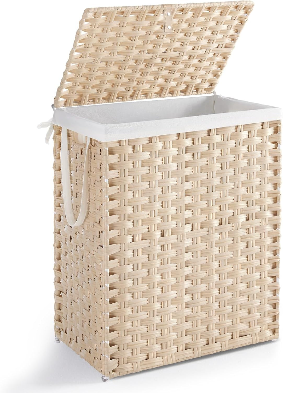 Three-quarter front view of a tan woven laundry hamper with lid open and white liner tied inside