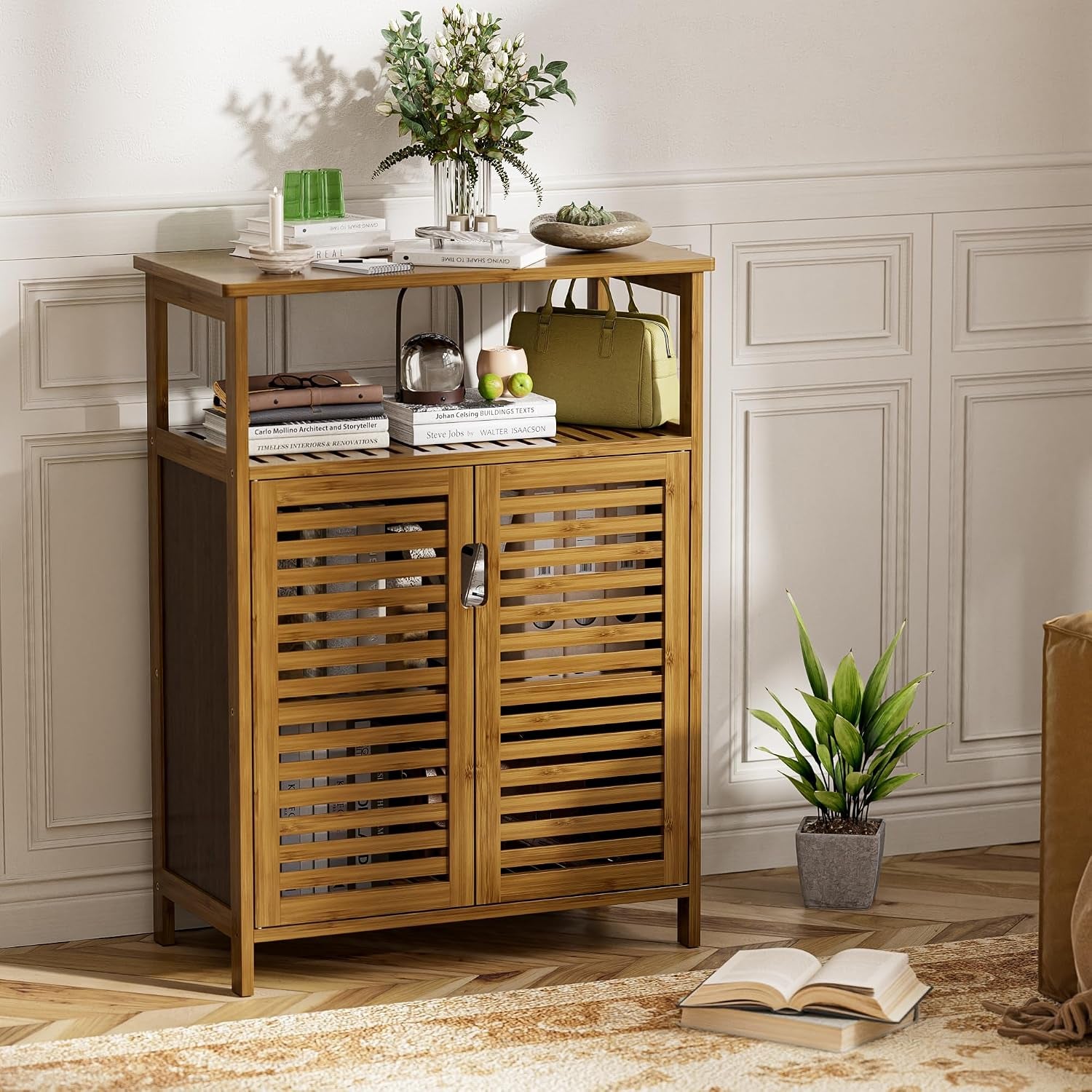 Close-up collage highlighting slatted cabinet door, curved handle, magnetic device and anti-tip strap details