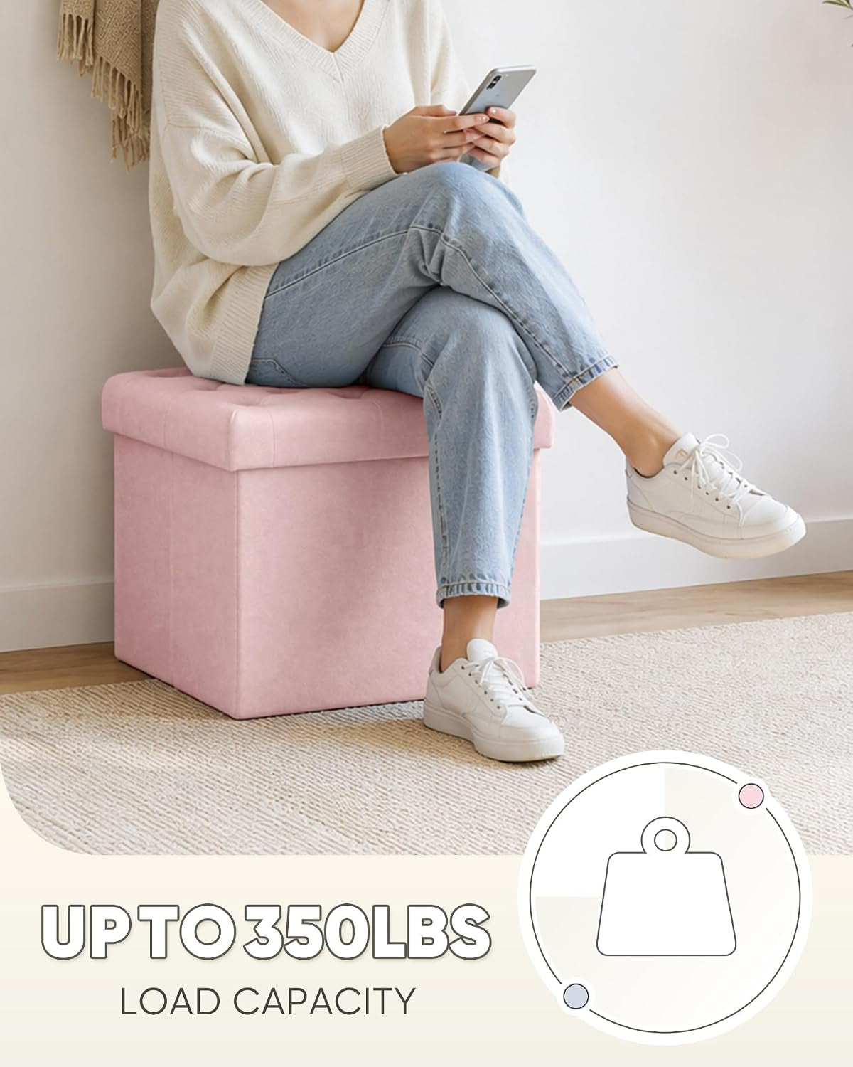 Person seated on a pink velvet ottoman demonstrating it used as extra seating