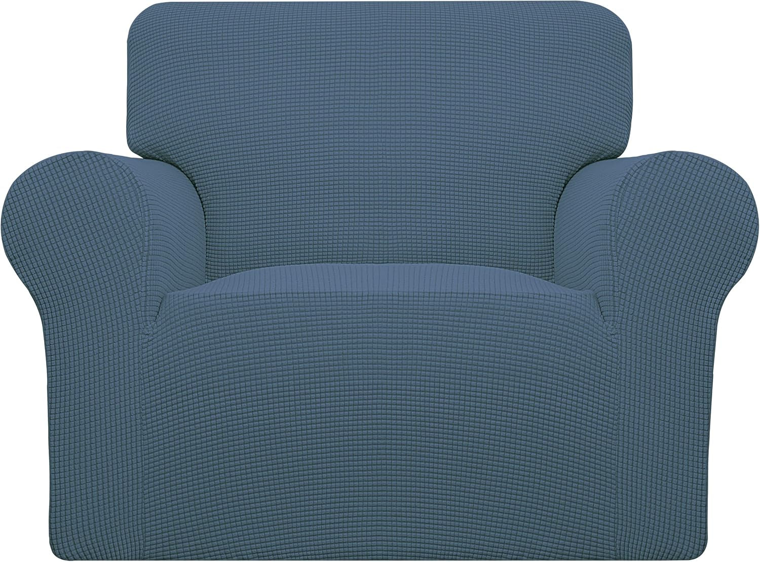 Front view of a single-seat armchair covered in a textured dusty blue slipcover