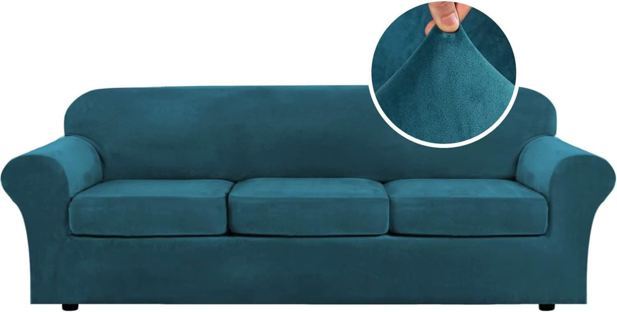 Teal three-cushion slipcovered sofa shown front-on with a circular inset showing the plush fabric texture.