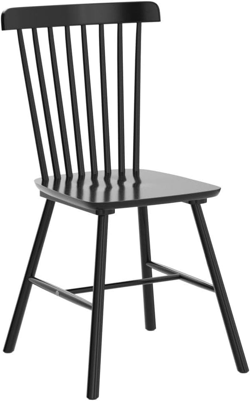 Angled studio view of a single black Windsor spindle-back dining chair on a white background.