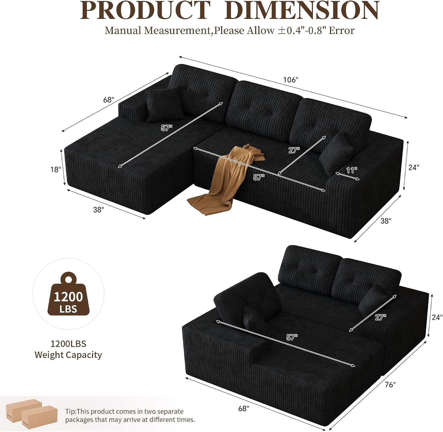 106" Boneless Sectional Sofa, Corduroy Modular L Shaped Couch with Deep Seat Chaise, Cloud Style Oversized Sectional Couch for Living Room, No Assembly, Left Facing, Black