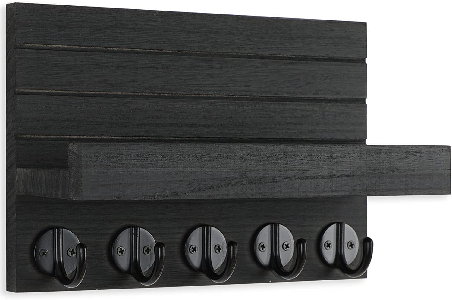 Front view of a black key holder with five hooks and one raised-edge shelf.